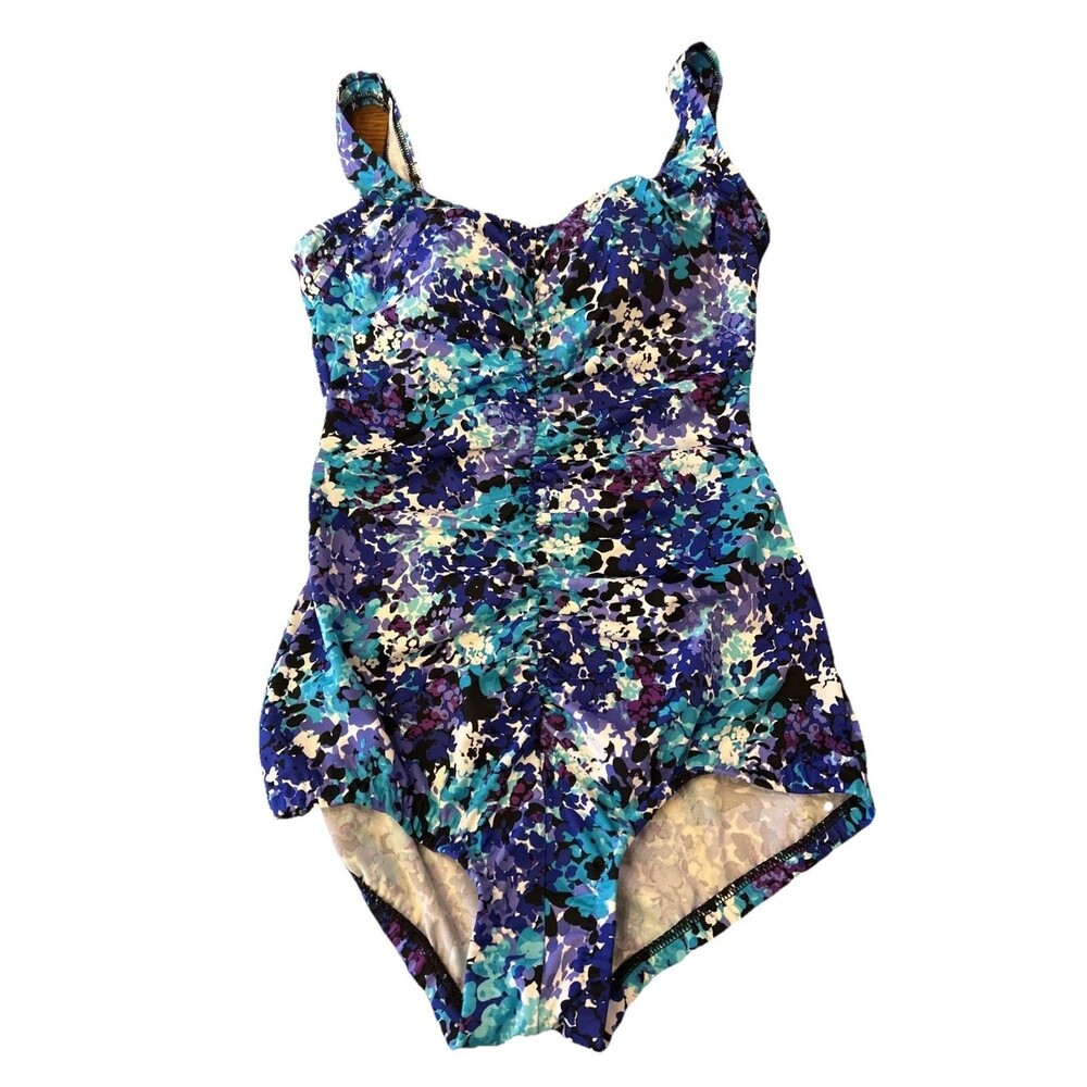 Modest Maxine Of Hollywood One Piece Swimsuit Sz 10 Built In Bra Blue Slimming